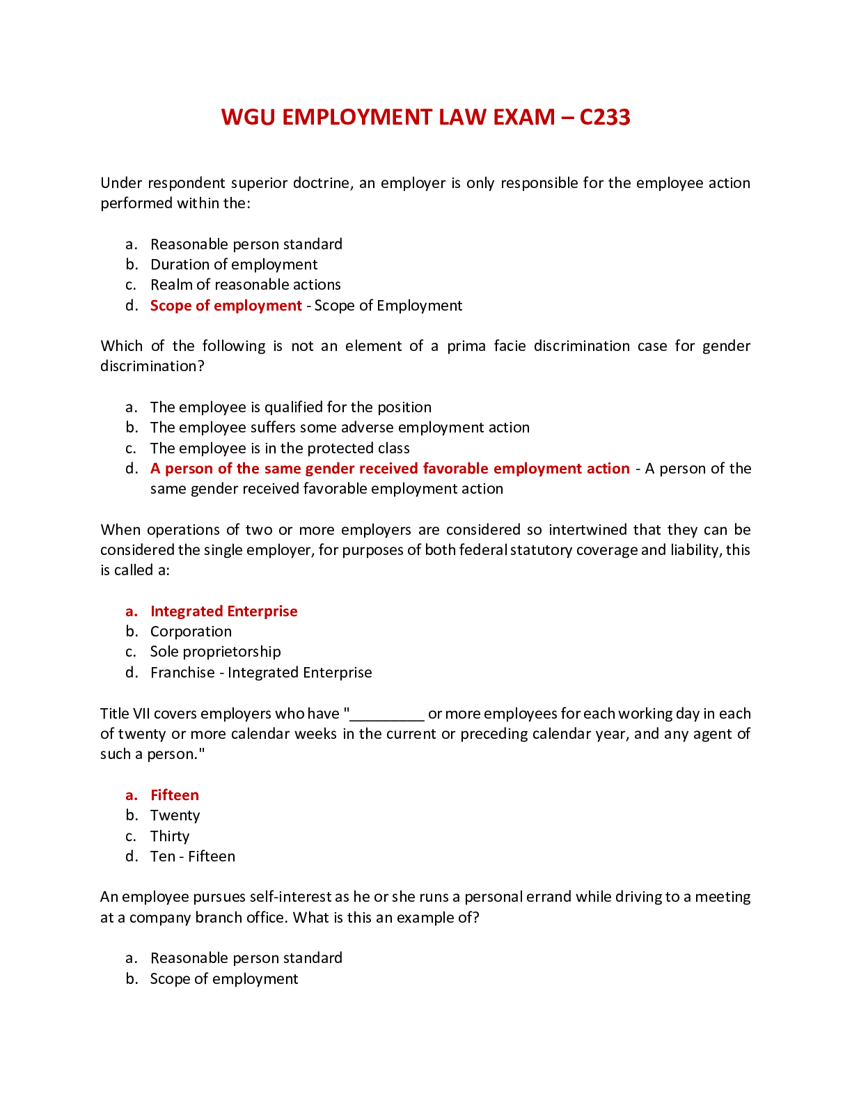 Preview of BUSINESS C233 | WGU EMPLOYMENT LAW EXAM – C233